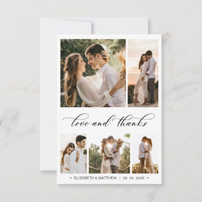 Love and Thanks Calligraphy Photo Collage Wedding Thank You Card (Front)