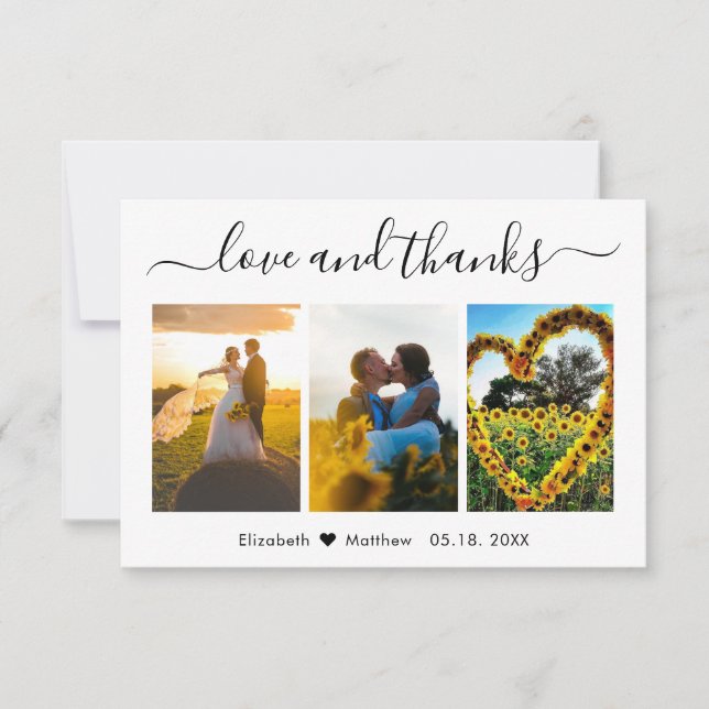 Love and Thanks Calligraphy Wedding Photo Collage  Thank You Card (Front)