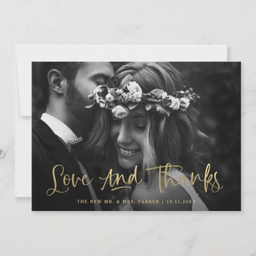Love and Thanks  Casual Script Gold Photo Wedding Thank You Card
