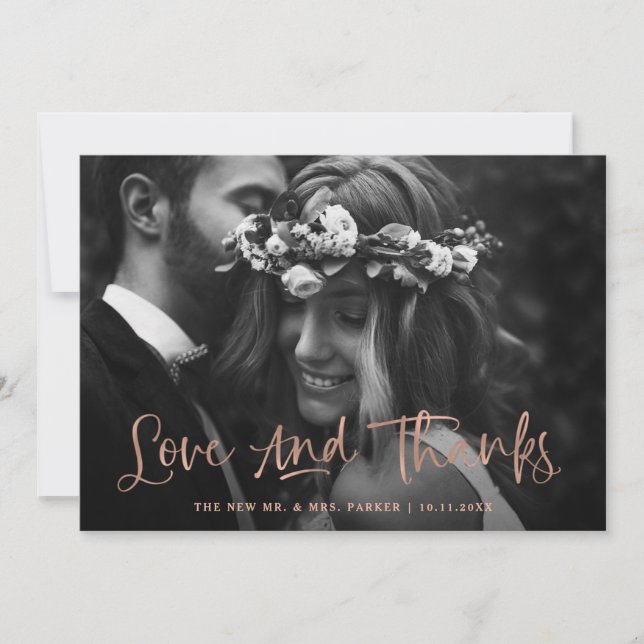 Love and Thanks | Casual Script Photo Wedding Thank You Card (Front)