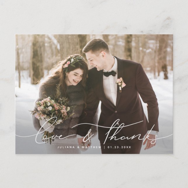 Love and Thanks Casual Script Wedding Thank You Postcard (Front)