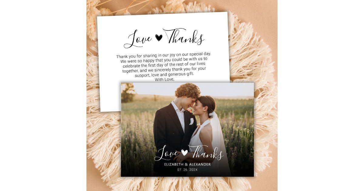 Love and Thanks Chic Heart Script Wedding Photo Thank You Card | Zazzle