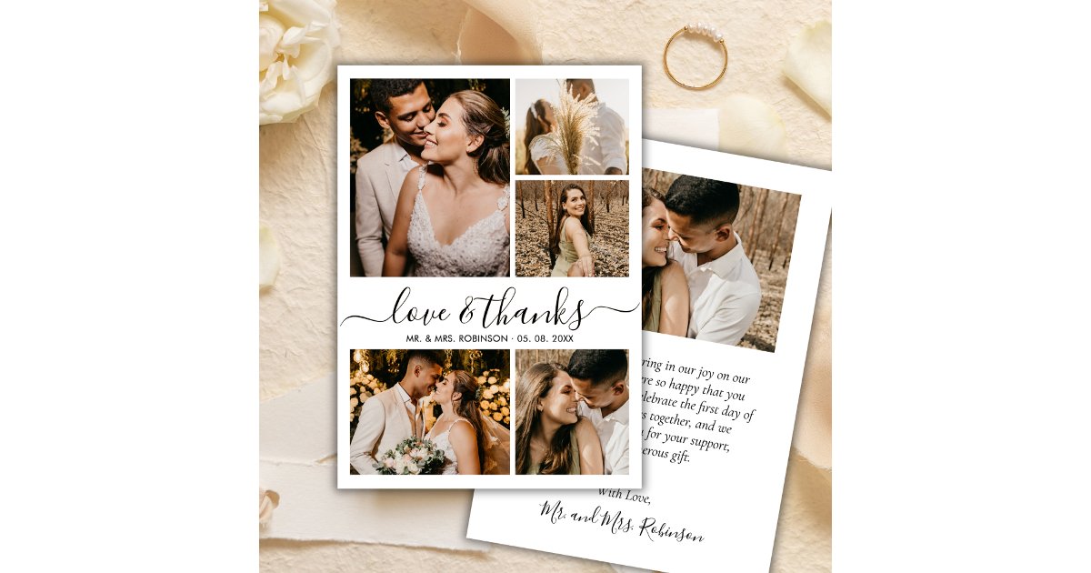 Love and Thanks Chic Script Photo Collage Wedding Thank You Card | Zazzle