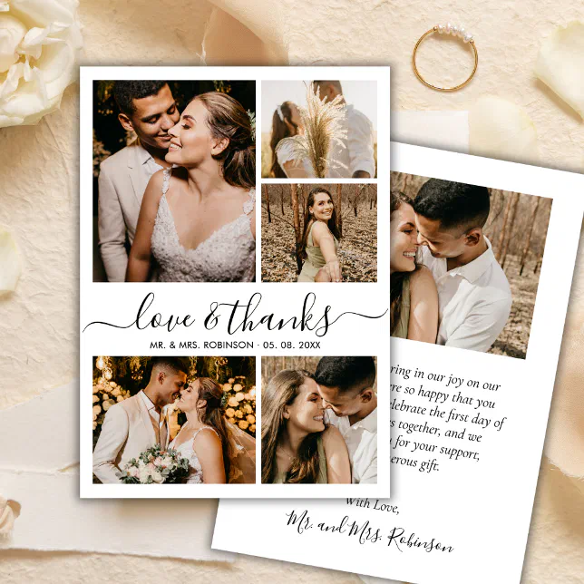 Love and Thanks Chic Script Photo Collage Wedding Thank You Card | Zazzle