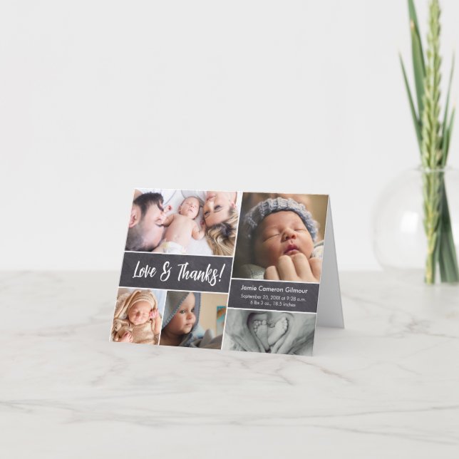 Love and thanks Customizable photos and birth info Thank You Card (Front)