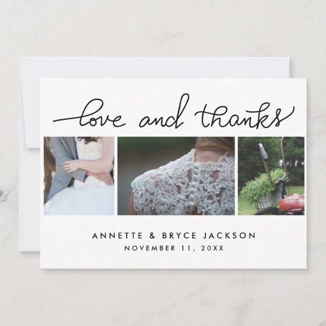 Love And Thanks Cute Script Wedding Three Photos Thank You Card (Front)