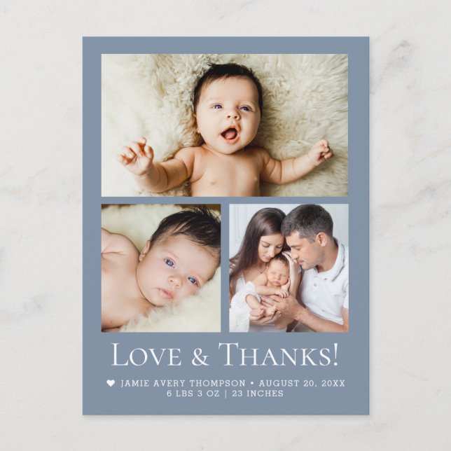 Love and Thanks Dusty blue Baby Photo announcement Postcard (Front)