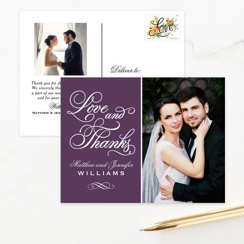 Love and Thanks Eggplant Wedding Photo Thank You Postcard