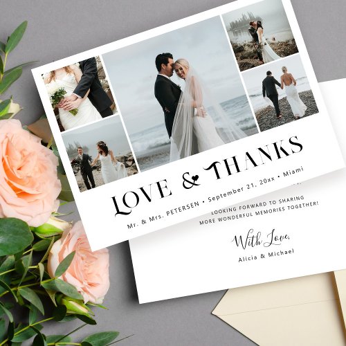 Love and thanks elegant 5 photo collage wedding thank you card