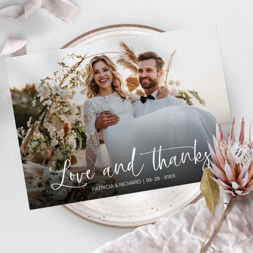 Love And Thanks Elegant Calligraphy Photo Wedding Thank You Card
