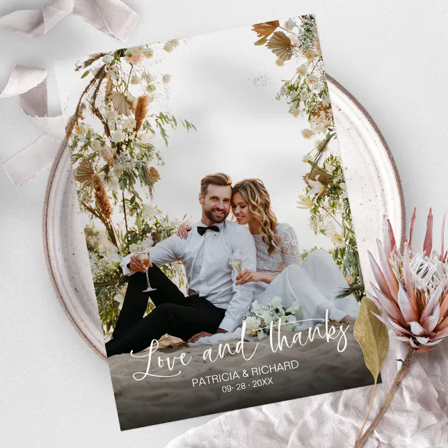 Love And Thanks Elegant Calligraphy Photo Wedding Thank You Card | Zazzle