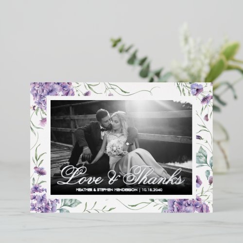 Love and Thanks Elegant Purple Floral Photograph Foil Invitation