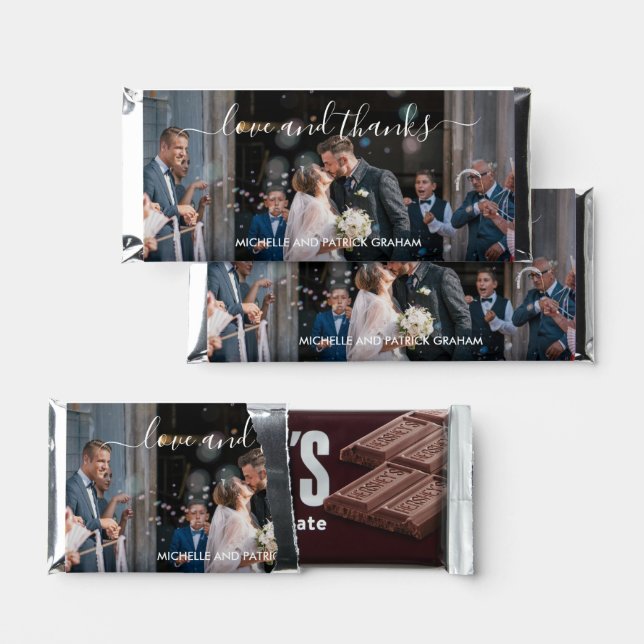 Love and Thanks Elegant Script Photo Wedding Hershey Bar Favors (Front)
