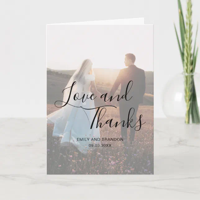 Love and Thanks Elegant Script Photo Wedding Thank You Card | Zazzle