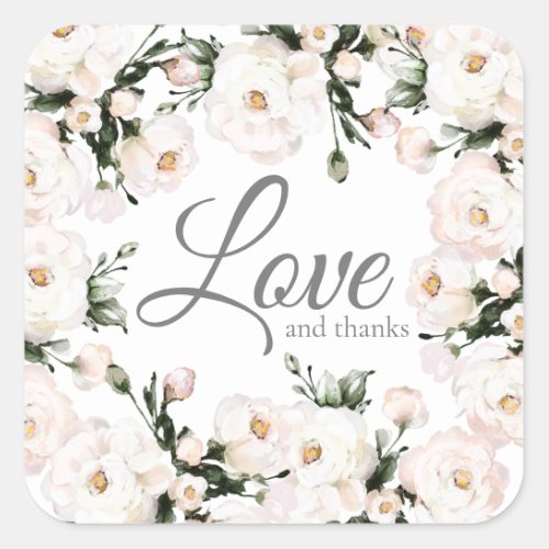 Love and Thanks Elegant White Roses Wedding Square Sticker