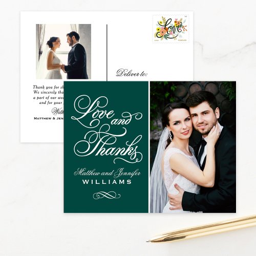 Love and Thanks Emerald Wedding Photo Thank You Postcard