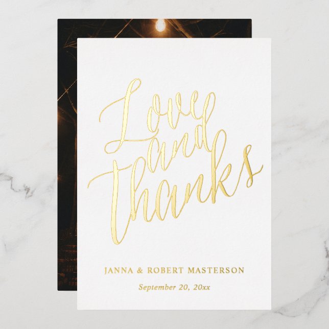 Love and Thanks Gold Calligraphy Photo Foil Invitation (Front/Back)