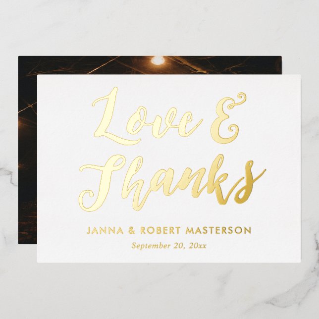 Love and Thanks Gold Calligraphy Photo Thank You Foil Invitation (Front/Back)