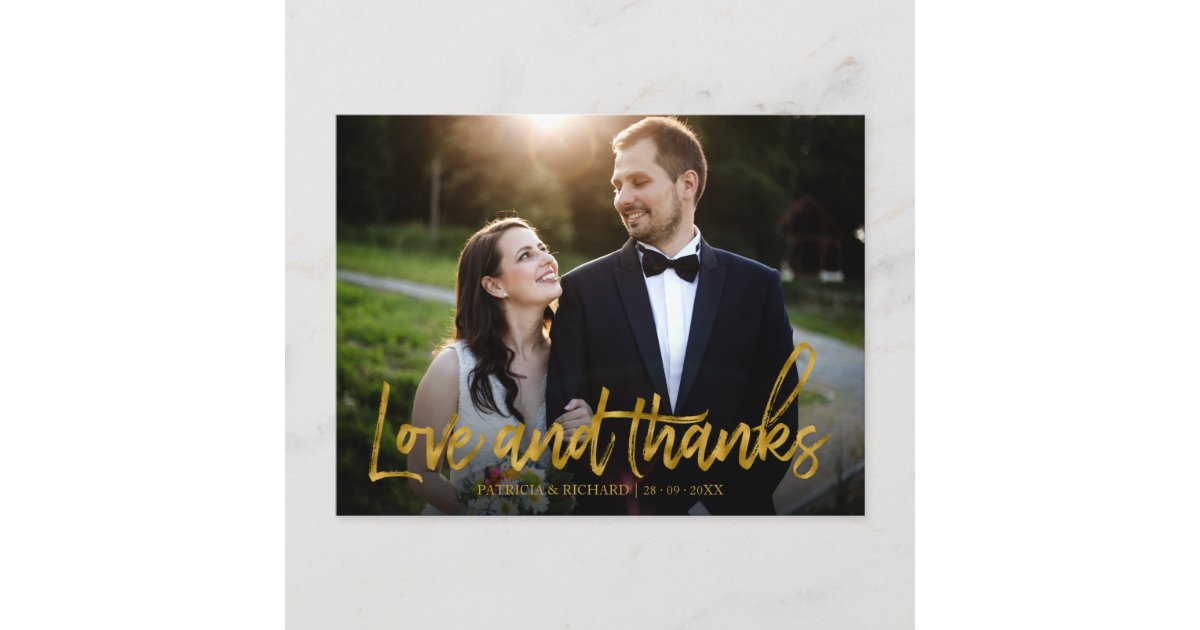Love And Thanks Gold Foil Wedding Thank You Photo Postcard | Zazzle