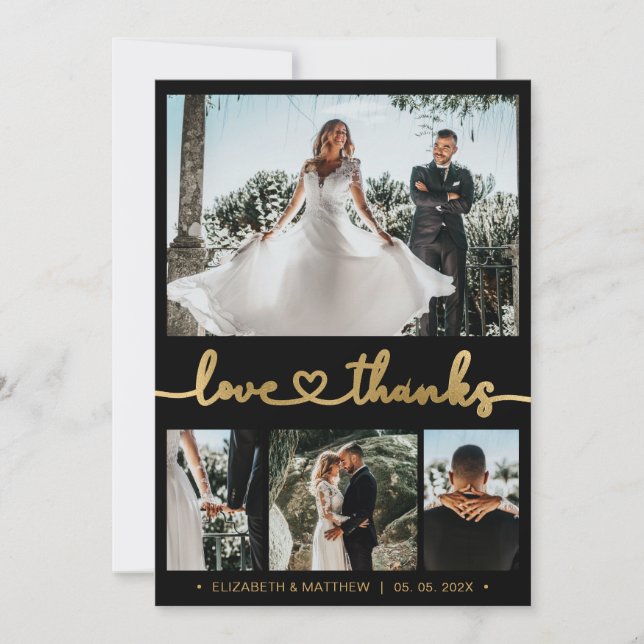 Love and Thanks Gold Heart Script 4 Photo Wedding Thank You Card (Front)