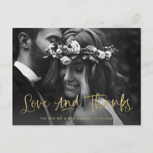 Love and Thanks  Gold Photo Wedding Thank You Postcard