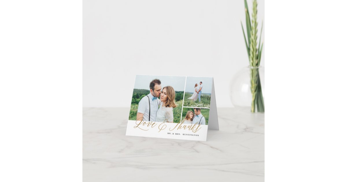 Love and Thanks Gold Script 3 Photo Wedding Thank You Card | Zazzle