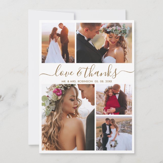 Love and Thanks Gold Script Photo Collage Wedding Thank You Card (Front)
