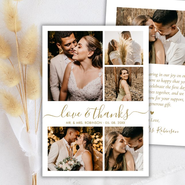 Love and Thanks Gold Script Photo Collage Wedding Thank You Card (Creator Uploaded)