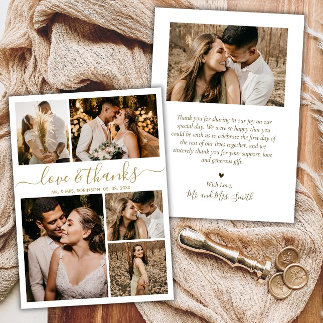 Love and Thanks Gold Script Photo Collage Wedding Thank You Card (Creator Uploaded)