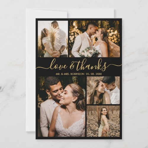 Love and Thanks Gold Script Photo Collage Wedding  Thank You Card