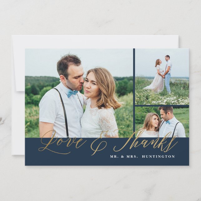 Love and Thanks Gold Script Photo Wedding Thank You Card (Front)