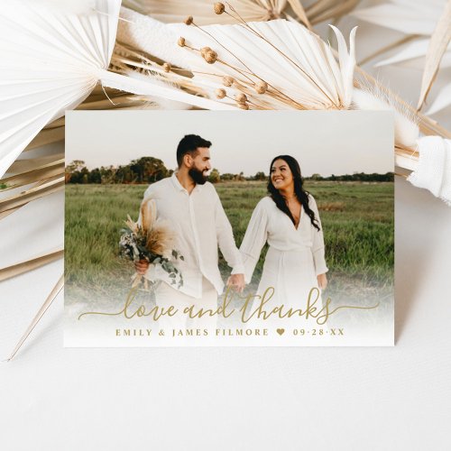 Love and Thanks Gold Script Wedding Photo Thank You Card