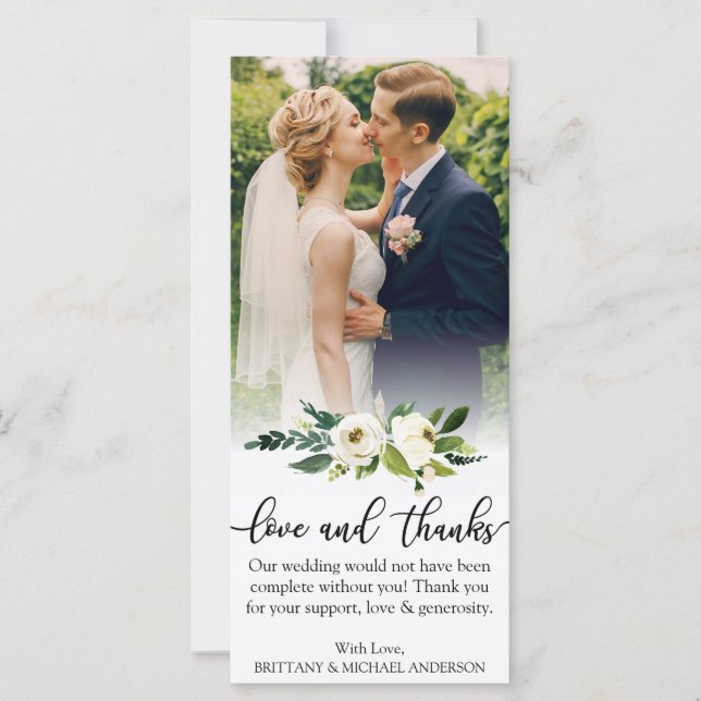 Love and Thanks Green Floral Wedding Photo Card (Front)