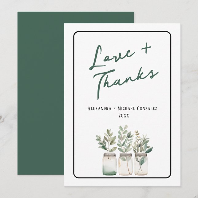 Love and Thanks Green Minimalist Thank You Card (Front/Back)