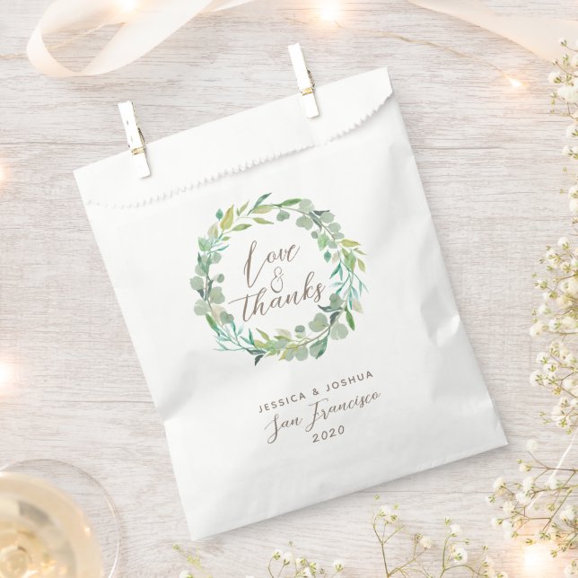 Love and Thanks Green Wreath Eucalyptus Wedding Favor Bag (Clipped)