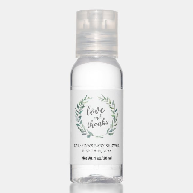 Love and Thanks Greenery Baby Shower Favor Hand Sanitizer (Front)