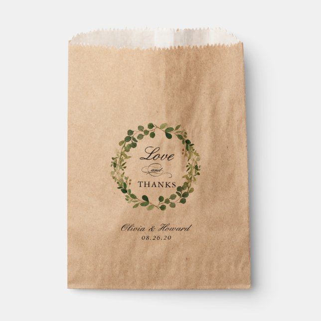 Love and Thanks Greenery Leaves Wreath Wedding Favor Bag (Front)