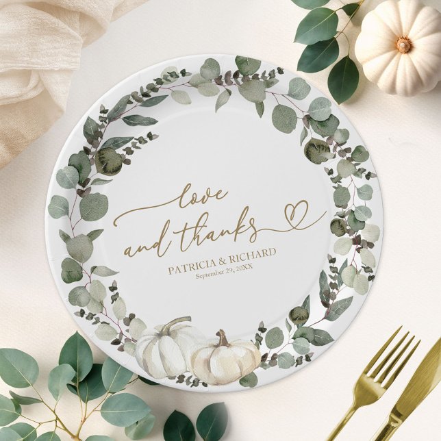 Love And Thanks Greenery Pumpkin Wedding Paper Plates (Creator Uploaded)