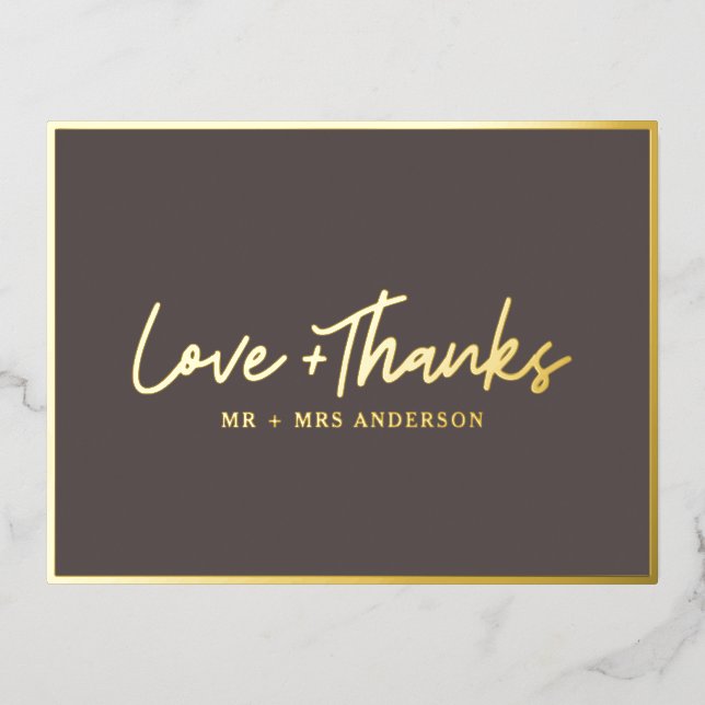 Love and Thanks Handwritten Script | Black Gold Foil Holiday Postcard (Front)