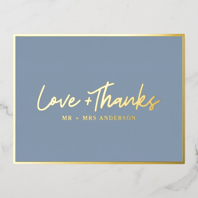 Love and Thanks Handwritten Script | Dusty Blue Foil Holiday Postcard (Front)