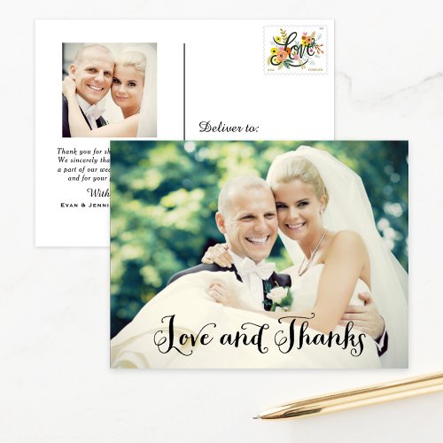 Love and Thanks Handwritten Script Wedding Photo Postcard