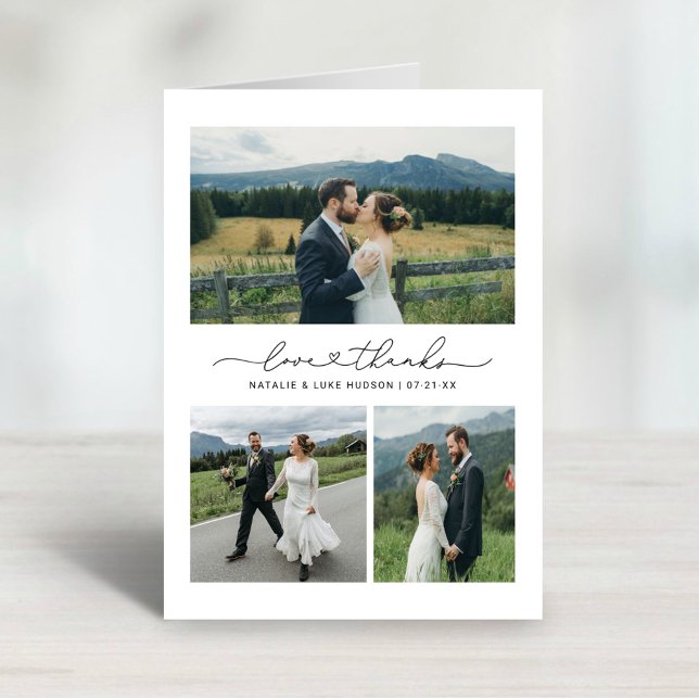 Love and Thanks Heart 3 Photo Wedding Thank You Card (Creator Uploaded)