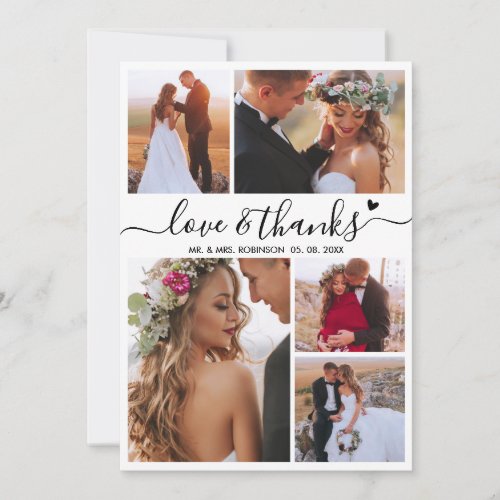 Love and Thanks Heart Script Photo Collage Wedding Thank You Card