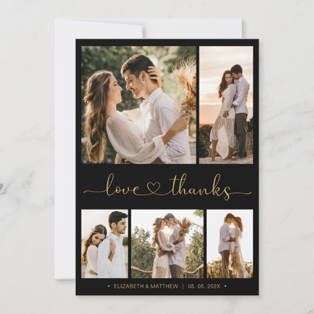 Love and Thanks Heart Script Photo Collage Wedding Thank You Card (Front)
