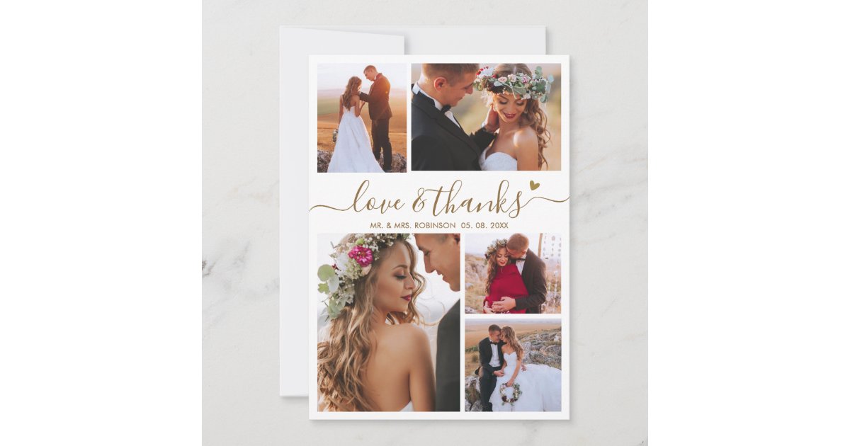 Love and Thanks Heart Script Photo Collage Wedding Thank You Card | Zazzle