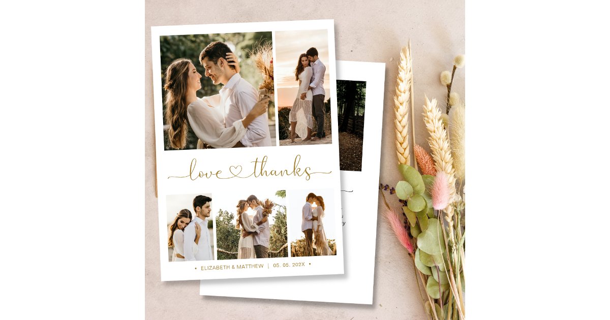 Love and Thanks Heart Script Photo Collage Wedding Thank You Card | Zazzle