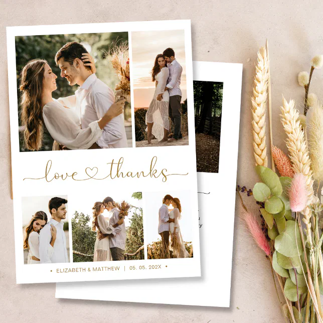 Love and Thanks Heart Script Photo Collage Wedding Thank You Card | Zazzle