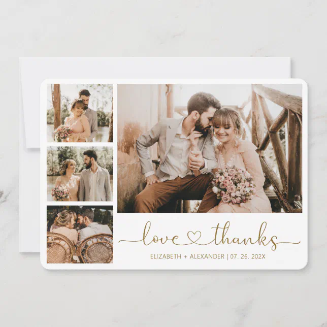 Love and Thanks Heart Script Wedding Photo Collage Thank You Card | Zazzle