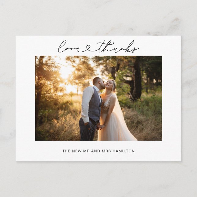 Love and Thanks Heart Script Wedding Photo Postcard (Front)