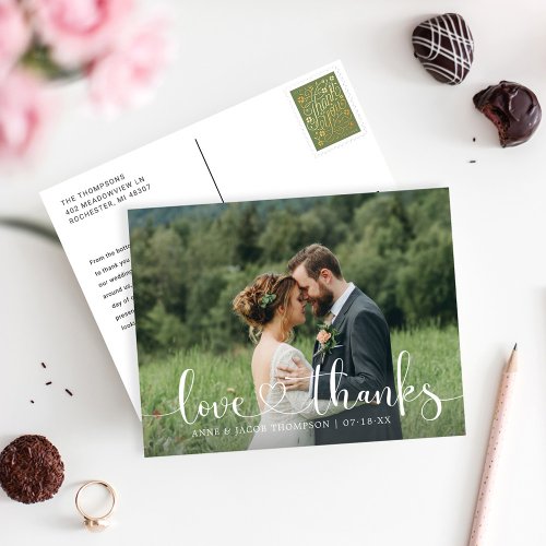 Love and Thanks Heart Script Wedding Photo Postcard